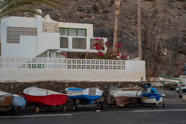 Different Boats Front Typical Cosy House Canary Island Royalty Free Stock Photos
