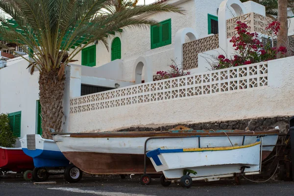 Different Boats Front Typical Cosy House Canary Island Royalty Free Stock Images