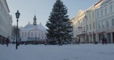 Bir Tartu Belediye Meydanı 'nda (Estonca: Tartu raekoja plats) güzel bir kış gününde Noel pazarı. Aydınlatılmış Noel ağacı ve Noel süslemeleri.