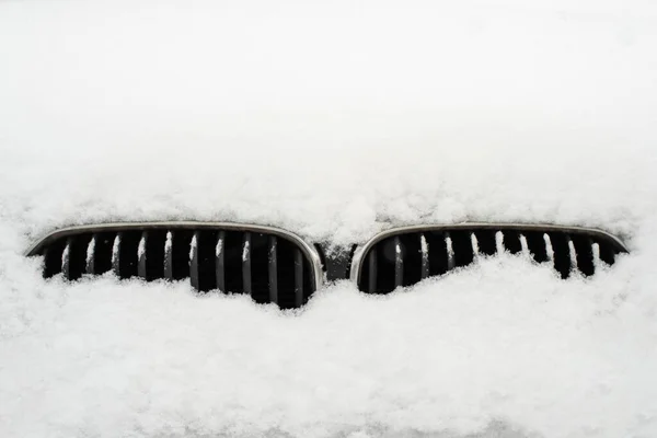 Bmw Car Snow Close Photo Bmw Front Bumper Covered Snow — Stok fotoğraf