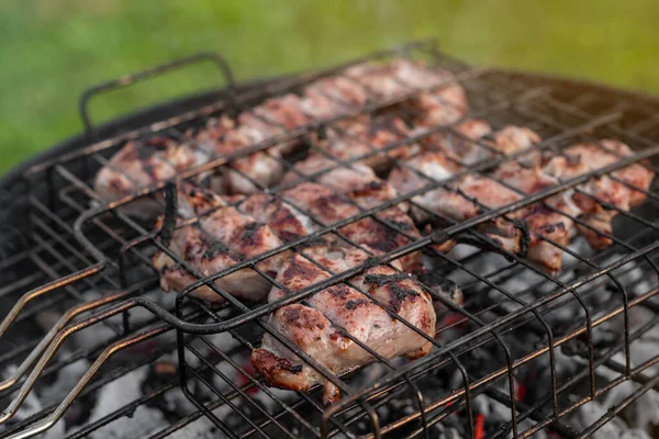 グリルで味付けされた豚肉の眺め バーベキューグリルの外で肉を焼く 夏の屋外グリルパーティー 晴れた夏の日 選択的焦点 ぼやけた背景 — ストック写真
