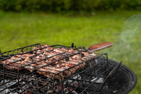 Widok Przyprawioną Wieprzowinę Płomieniem Dymem Grillu Grilluję Mięso Grillu Grill — Zdjęcie stockowe