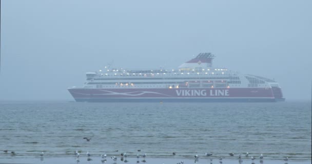 Passenger Ferry Backing Out Harbor Baltic Sea Foggy Autumn Morning — Stockvideo