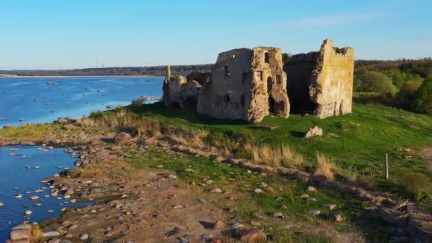 Aerial View Toolse Order Castle Ruins Sunny Summer Evening One — Video