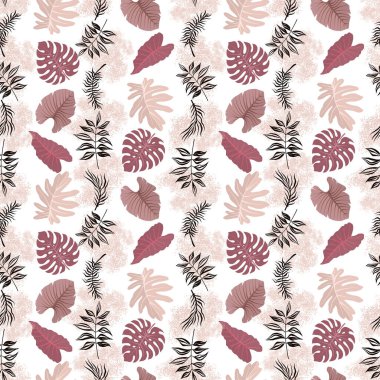 Pastel rengi dikişsiz pettern, bej, mor ve pembe tozlu renklerde tropikal yapraklı tasarım kağıdı. Beyaz arkaplanda