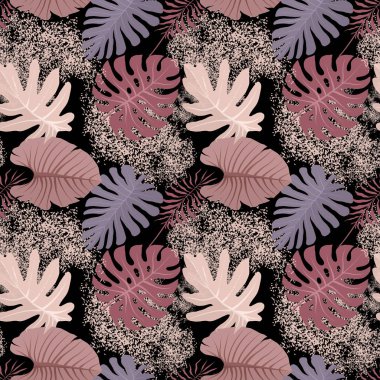 Pastel rengi pürüzsüz desen, bej, mor, pembe tozlu renklerde tropikal yapraklı tasarım kağıdı. Koyu arkaplanda