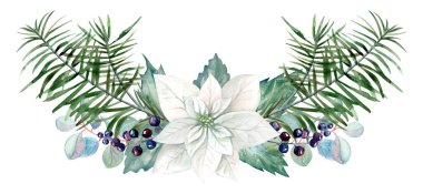 Ayrı suluboya Noel kompozisyonu beyaz arka planda çam dalları, çiçekler ve yapraklarla çizilmiş.