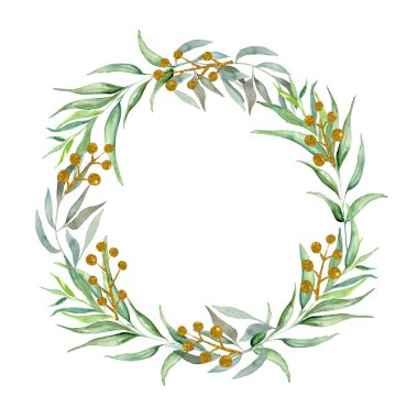 Ayrı suluboya Noel kompozisyonu beyaz arka planda çam dalları, çiçekler ve yapraklarla çizilmiş.