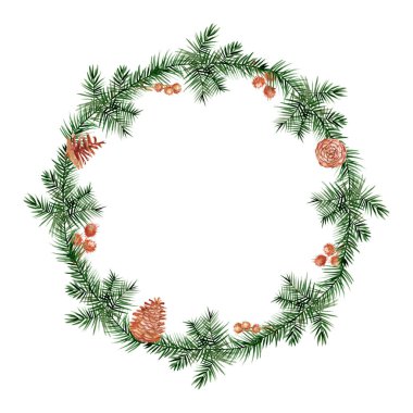 Ayrı suluboya Noel kompozisyonu beyaz arka planda çam dalları, çiçekler ve yapraklarla çizilmiş.