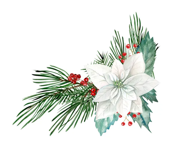 Izolowany Akwarela Boże Narodzenie Kompozycja Ręcznie Narysowane Białym Tle Gałęzi — Zdjęcie stockowe