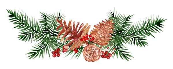 Isolated Watercolor Christmas Composition Hand Drawn White Background Pine Branches — Stock Photo, Image