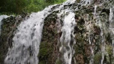 Güneşli bir günde ağaçların altındaki kayaların üzerinden akan suyun altından.
