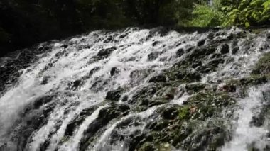 Güneşli bir günde ağaçların altındaki kayaların üzerinden akan suyun altından.