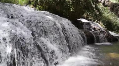 Güneşli bir günde ağaçların altındaki şelaleden