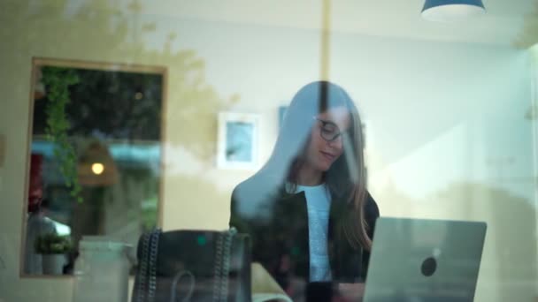 Durch Die Gläserne Seitenansicht Einer Konzentrierten Unternehmerin Mit Brille Die — Stockvideo