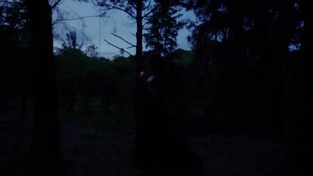 Енігматична Відьма Палаючою Свічкою Йде Темному Похмурому Лісі Вночі Торкається — стокове відео