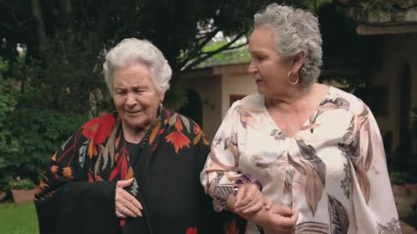 在院子里走在铺好的小径上的老年妇女互相交谈的泛右观 — 图库视频影像