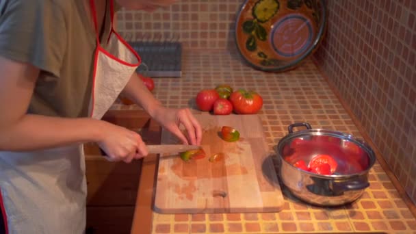 Desde Arriba Vista Lateral Hembra Étnica Delantal Cortando Tomates Maduros — Vídeo de stock