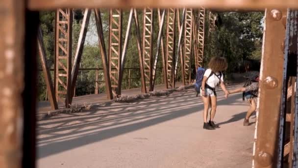 徒步旅行时 背着背包在生锈的桥上互相拥抱的快乐的非洲裔美国女性朋友 — 图库视频影像