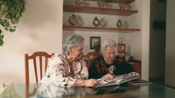 Siostry Podeszłym Wieku Sprawdzają Zdjęcia Albumie Fotograficznym Rozmawiają Wspomnieniach Siedząc — Wideo stockowe