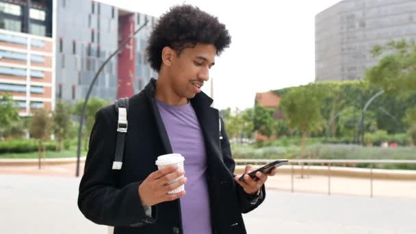 Cheerful Young Black Male Millennial Afro Hair Trendy Outfit Standing — Αρχείο Βίντεο