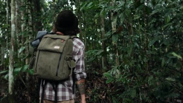 Male Tourist Backpack Admiring Green Plants Growing Lush Dense Woods — Stockvideo