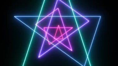 Kusursuz Parlayan Üçgen Dönüşü Karanlık Arkaplanda Dönüyor, Renkli Flourescent Neon Ultraviyole Işıklı Sahne Işığı