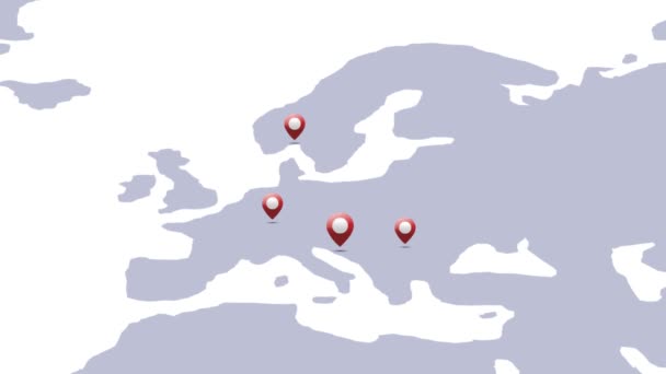 ヨーロッパ地図上で明らかになる位置ピンのアニメーションコミュニティの成長を示す — ストック動画