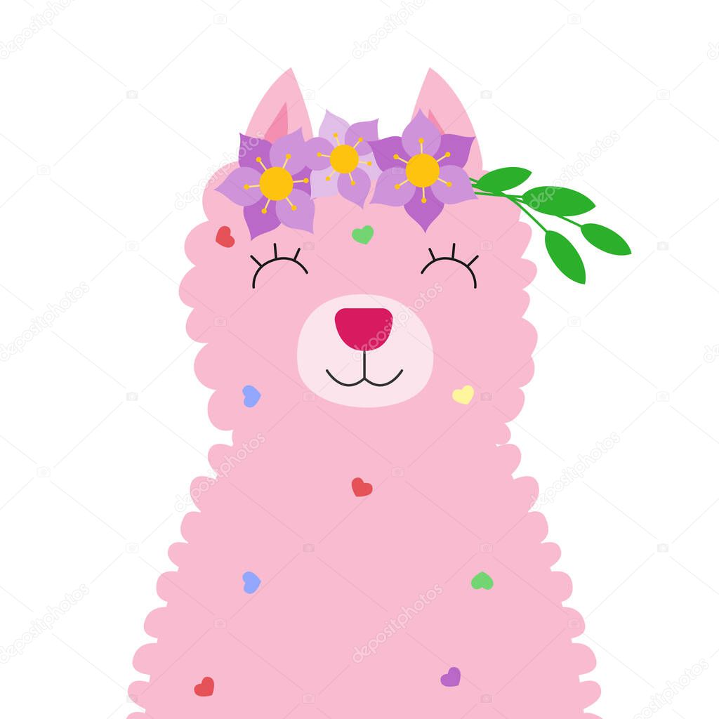 Llama alpaca pink fur wool wearing flower wreath