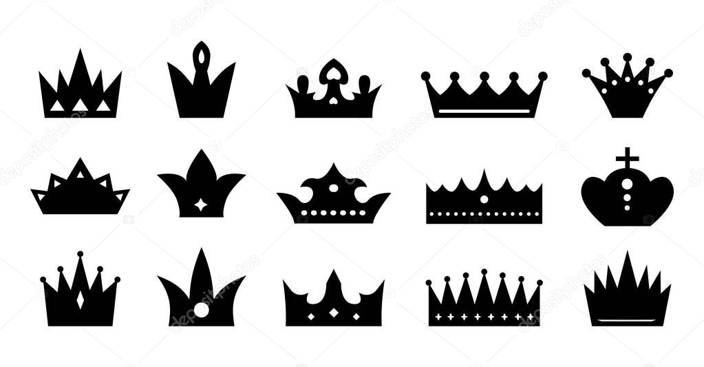 Crown icons black silhouettes flat style set
