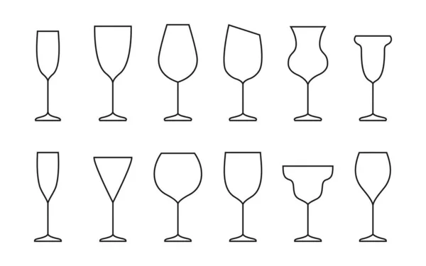 ワイングラス細線輪郭ロゴアイコンセット — ストックベクタ