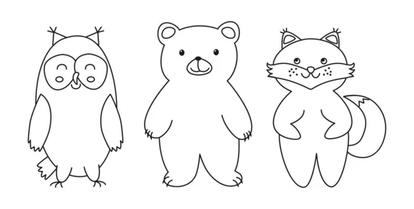 Bear, fox, owl silhouette line outline animals set — Stock Vector