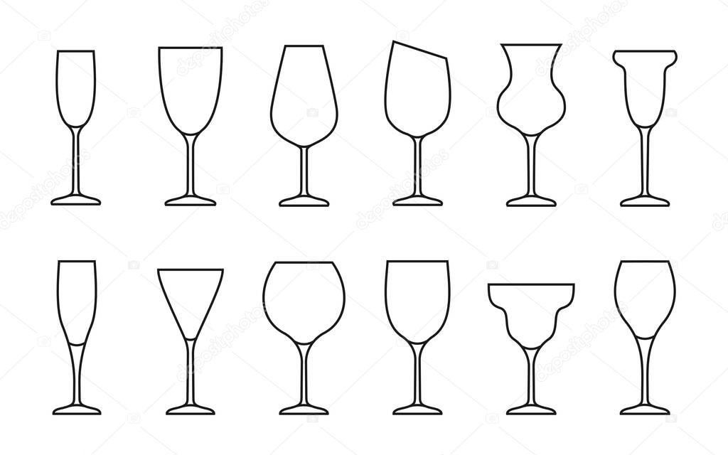 Wine glass thin line outline contour logo icon set