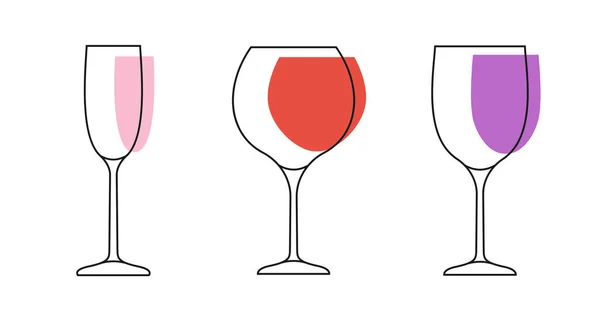 Copa de vino línea colorida contorno icono conjunto — Vector de stock