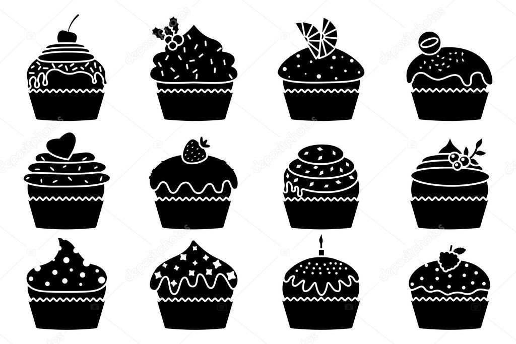 Cupcakes glyph, silhouette with tasty cream set