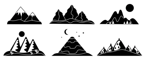 Mountains black silhouette glyph contour line set — Stock Vector