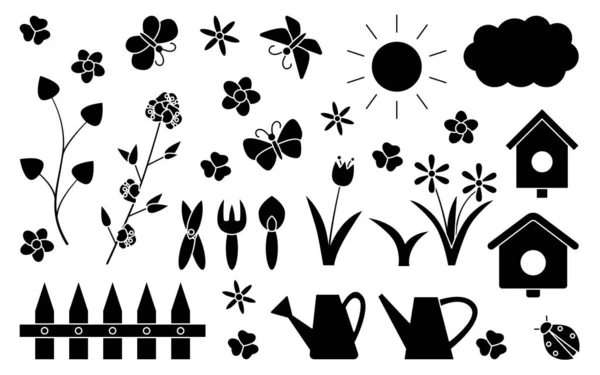 Été glyphe jardin arrosoir et nichoir ensemble — Image vectorielle