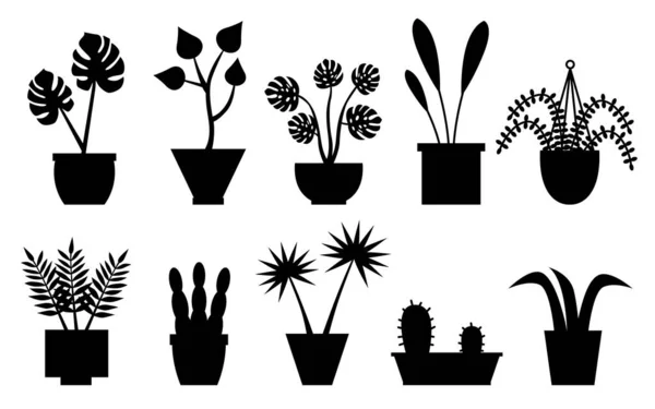 Plantas de salón en silueta negra conjunto de macetas — Vector de stock