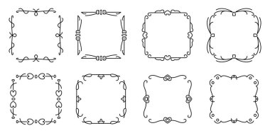 Dekoratif klasik kaligrafik çerçeve seti. Düğün için çiçek şablonu, sertifika için çerçeve, menü, beyaz arka planda izole kitap koleksiyonu. Süslü filigran kenarları. Vektör illüstrasyonu