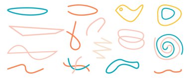 El çizimi modern soyut şekiller, bitki ve yuvarlak, kuş, leke, sarmal ve dalga nesneleri. Afişler, broşürler ve kapaklar için tasarım. Minimalist geometrik formlar. Vektör illüstrasyonu