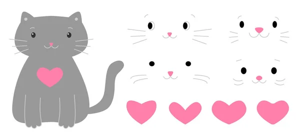Cute Gray Cat Pink Hearts Set Collection Different Muzzles Set — Stock Vector