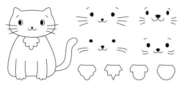 Gömlek önü açık şirin bir kedi. Bir kedi yavrusu için hazırlanmış farklı ağızlık koleksiyonu. Beyaz arka planda izole edilmiş çocuk resimleri. Bıyıklı, evcil hayvan setinden yüzler. Vektör illüstrasyonu