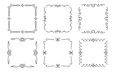 Çerçeveler çiçek, sembolik, kalp, böğürtlen ve yapraklı seti böler. Geçmişe dönük sınırları süsleyin. Düğün tasarımı, tebrik kartları, menüler ve sertifikalar için. Süslü çerçeve, eski kare süsler
