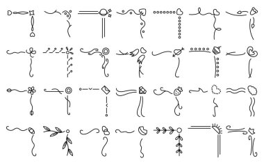 Köşedeki ince çizgi simgeleri ayarlandı. Soyut dekor doğrusal simge klasik çiçek süslemesi. Zarif bir sınır, köşe unsurlarını geliştirir. Beyaz arkaplanda izole edilmiş klasik kaligrafi süslemeleri