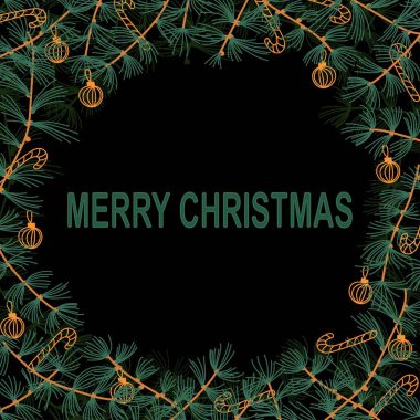 Üzerinde çam dalları, altın toplar ve siyah arkaplan süsleri olan mutlu noel kartı şablonu.