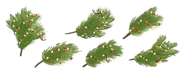 ガーランドクリスマスの装飾ベクトルイラストの手で松の枝のセットは分離描かれた — ストックベクタ