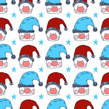 Beyaz arka planda sevimli noel cüceleri ve yıldızlar kusursuz vektör deseni. Festivalsel ambalaj kağıdı ve duvar kağıdı yazdırma şablonu.