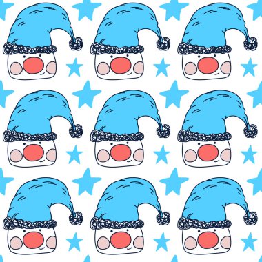 Mavi şapkalı sevimli İskandinav cüceleri ve beyaz arka planda pürüzsüz desenli yıldızlar. Paket kağıdı ve duvar kağıdı yazdırmak için vektör illüstrasyon şablonu.