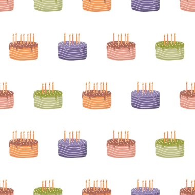 Bayram doğum günü pastaları. Mumlar pürüzsüz vektör desenli. Web pankartları, kapaklar, kartpostallar ve el ilanlarının tasarımı için resim şablonu.