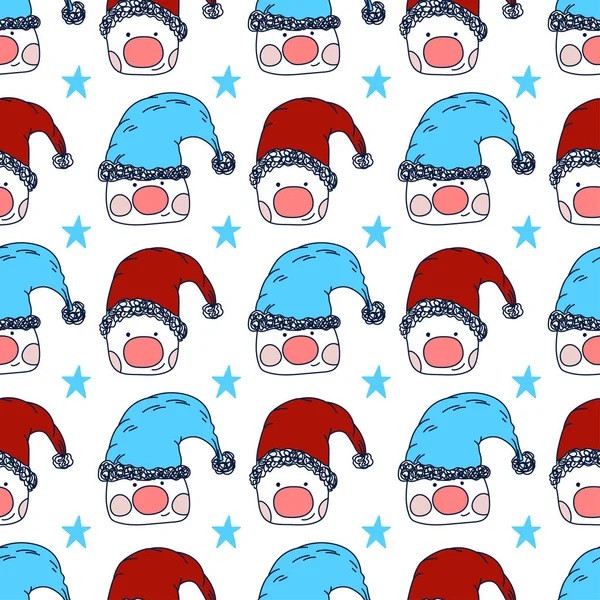 Beyaz arka planda sevimli noel cüceleri ve yıldızlar kusursuz vektör deseni. Festivalsel ambalaj kağıdı ve duvar kağıdı yazdırma şablonu.